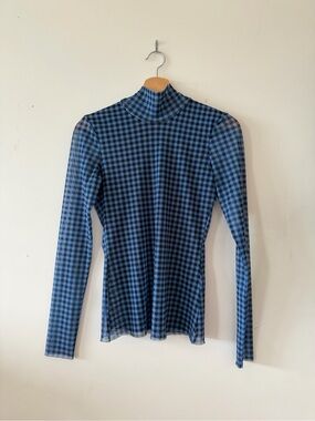 Baum und Pferdgarten Gingham Blue Checkered Long-Sleeve Mock Neck Top